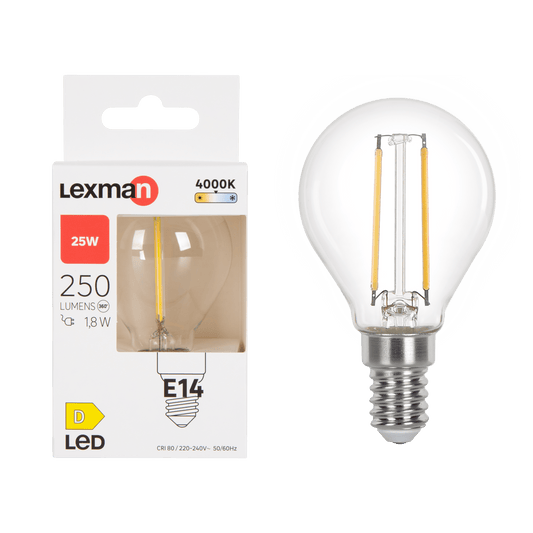E14 LED bulb, 25W, clear globe, natural light