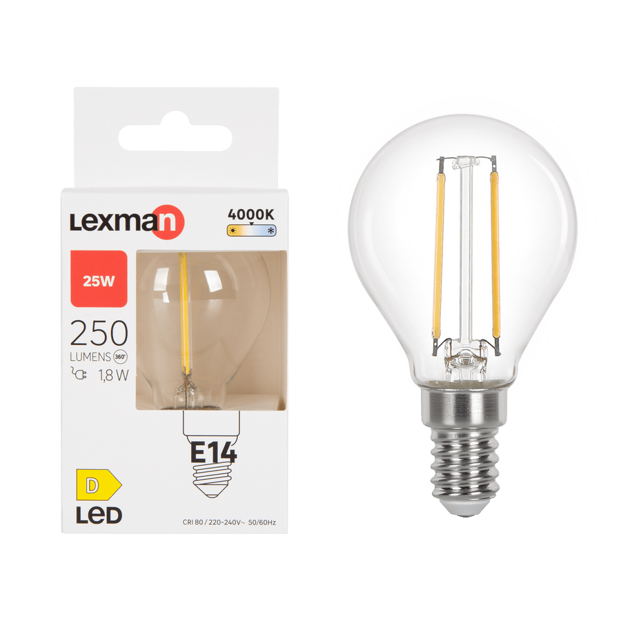 E14 LED bulb, 25W, clear globe, natural light