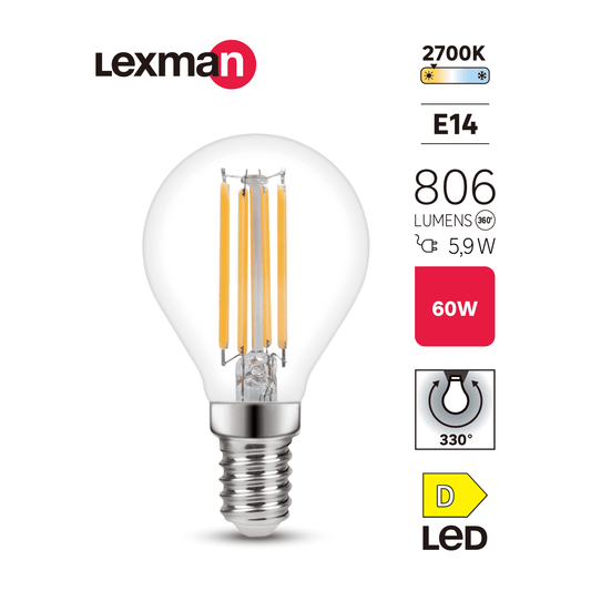 E14 LED bulb = 60W, clear globe, warm white