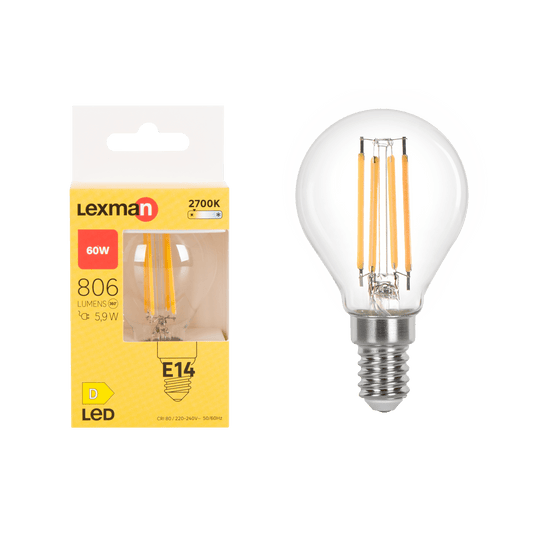 E14 LED bulb = 60W, clear globe, warm white