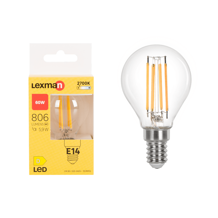 E14 LED bulb = 60W, clear globe, warm white
