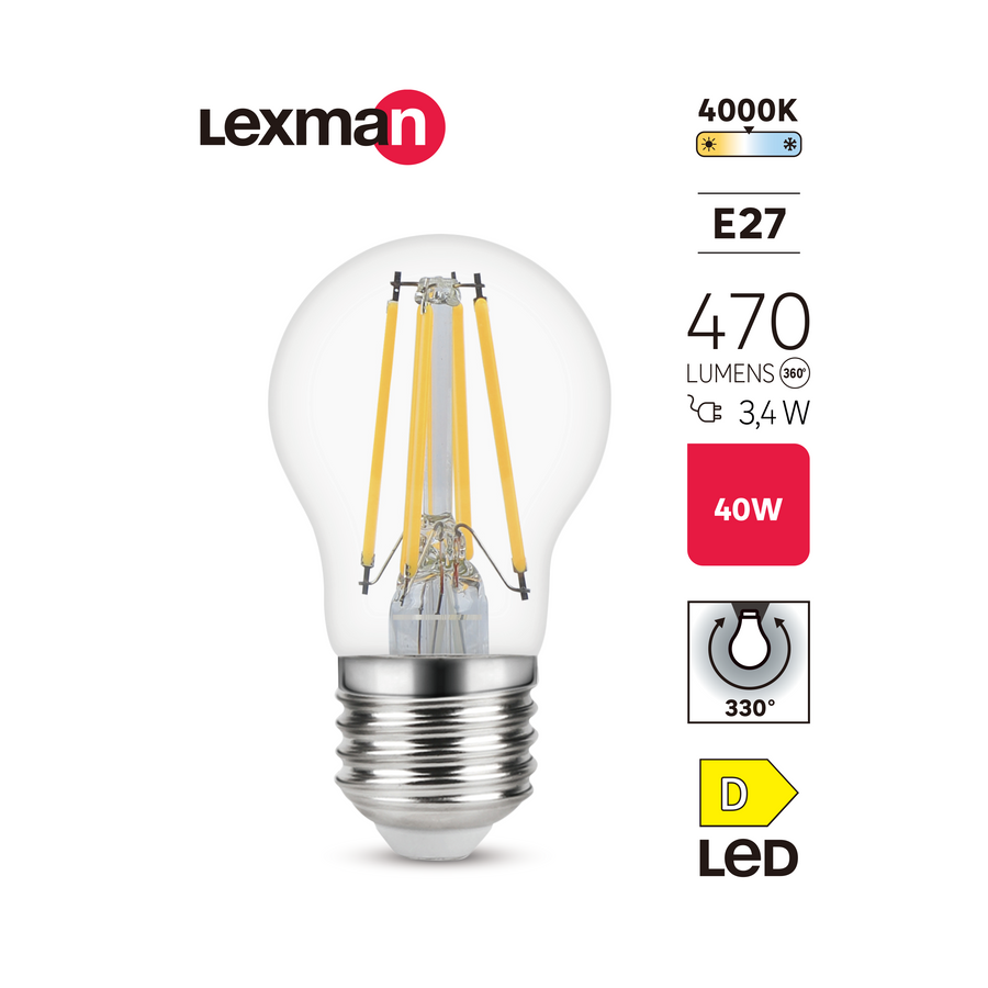 LAMPADINA LED E27 =40W SFERA TRASPARENTE LUCE NATURALE