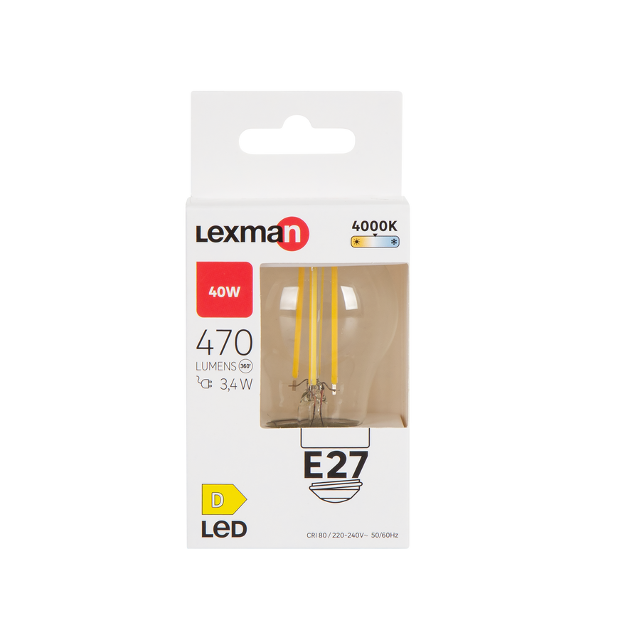 LAMPADINA LED E27 =40W SFERA TRASPARENTE LUCE NATURALE