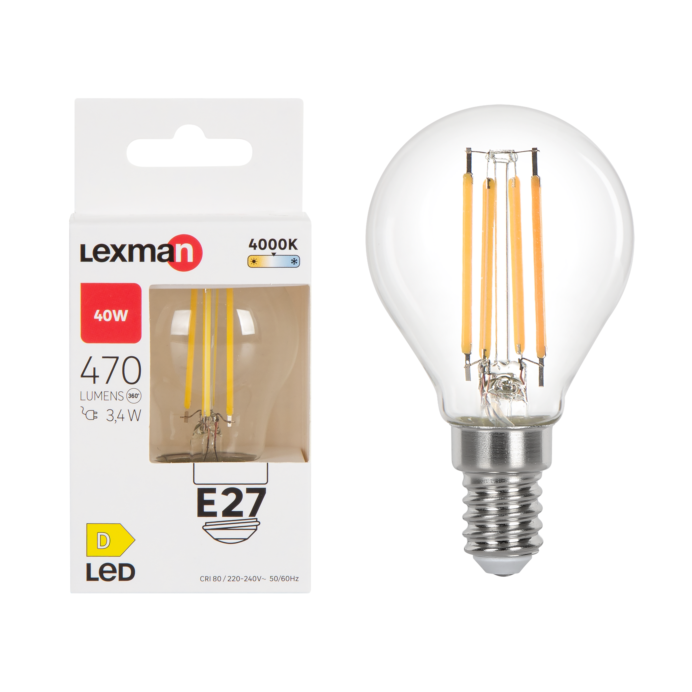 LAMPADINA LED E27 =40W SFERA TRASPARENTE LUCE NATURALE