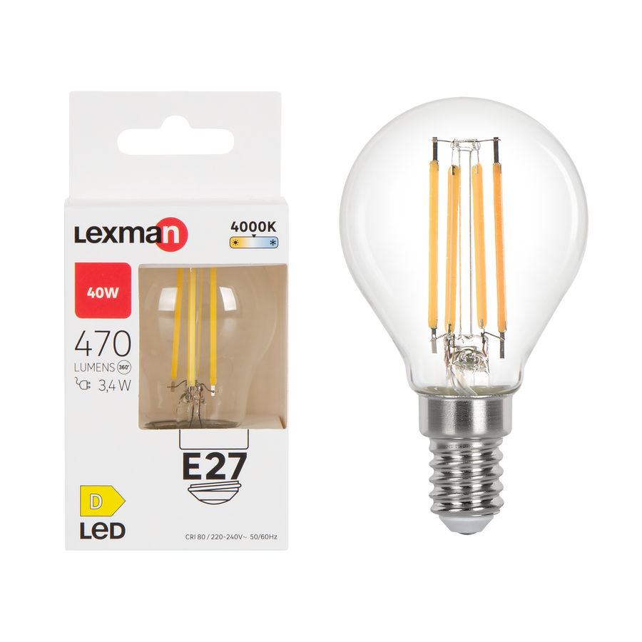 LAMPADINA LED E27 =40W SFERA TRASPARENTE LUCE NATURALE