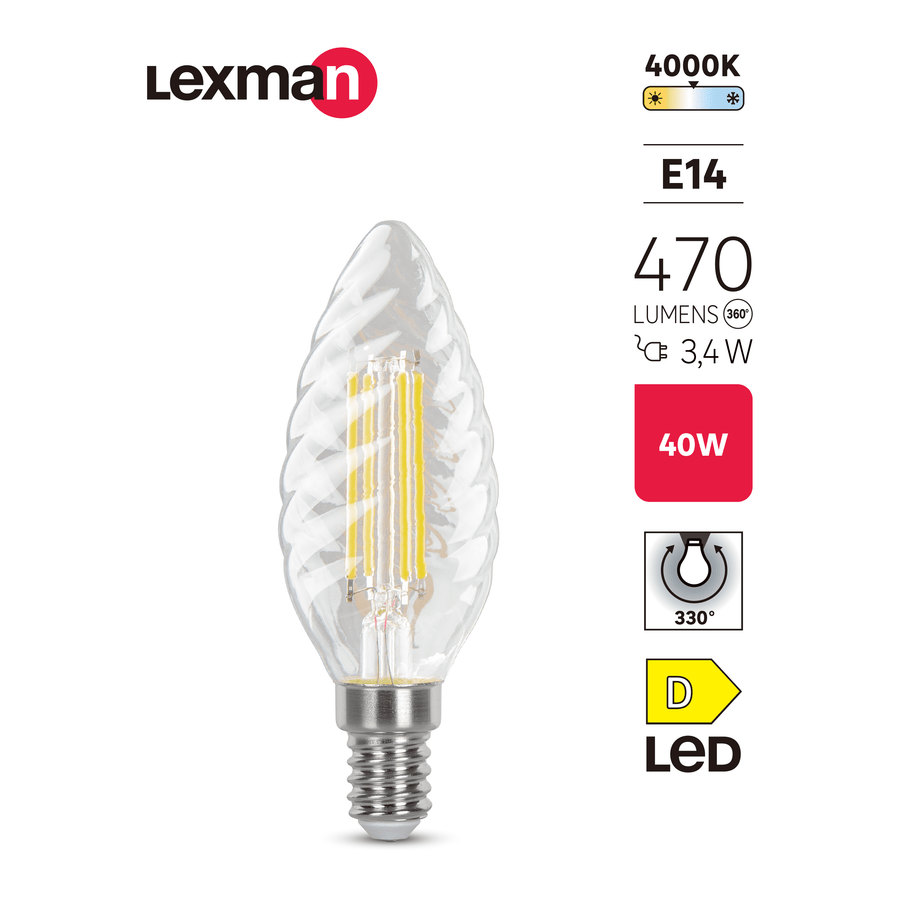 E14 LED bulb (40W equivalent), candle-style, twisted, transparent, natural light