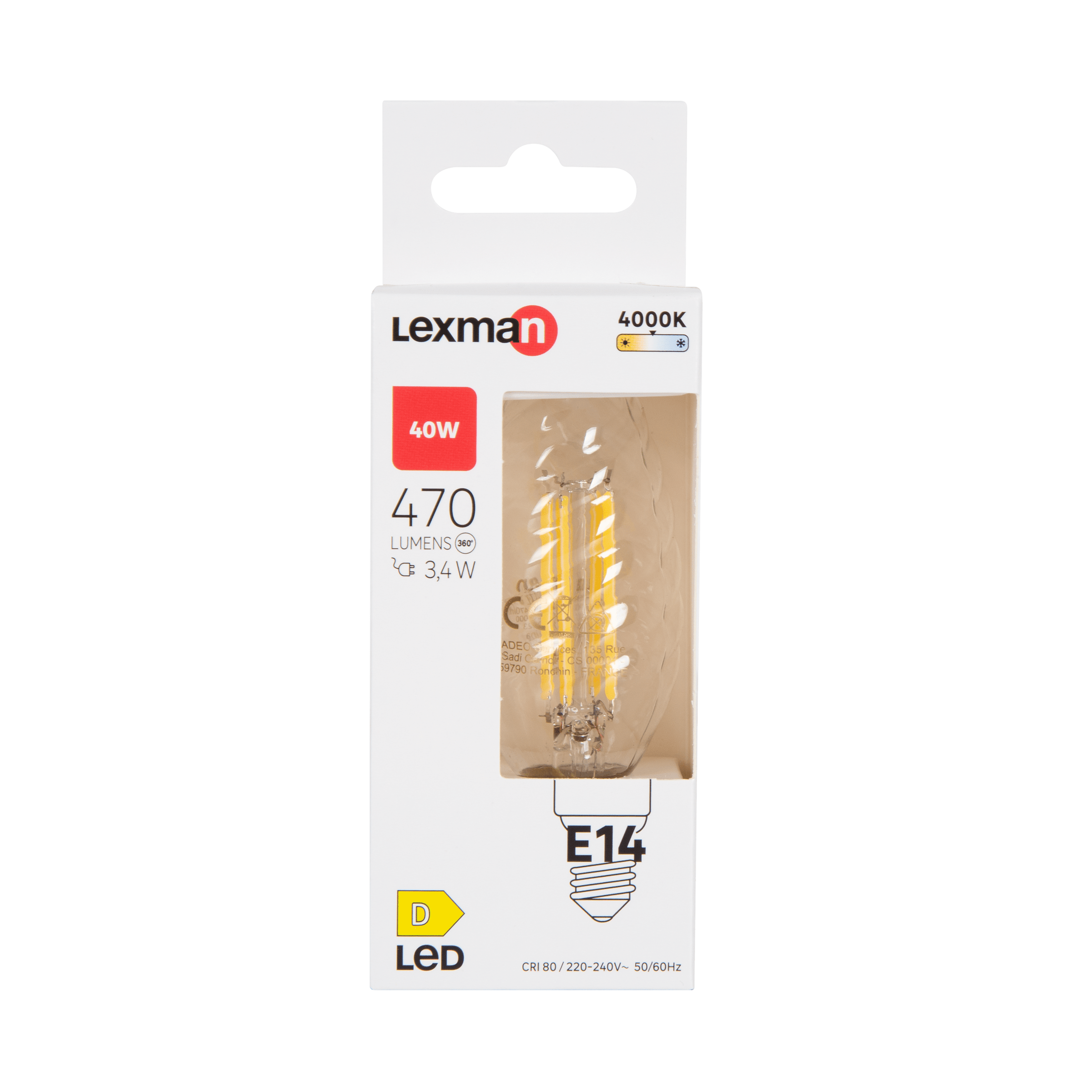 E14 LED bulb (40W equivalent), candle-style, twisted, transparent, natural light
