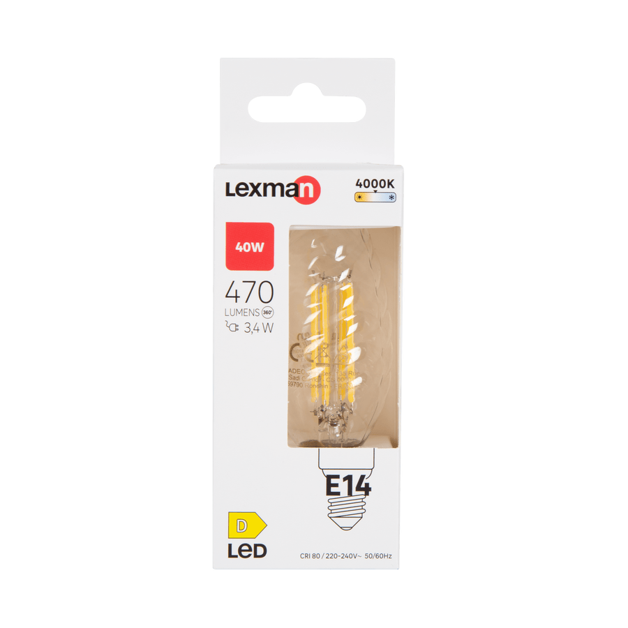 E14 LED bulb (40W equivalent), candle-style, twisted, transparent, natural light