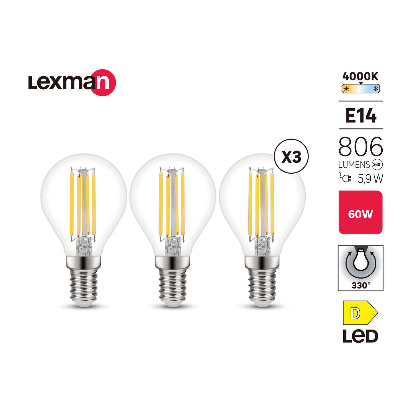 3 LED BULBS E14=60W SPHERE TRANSPARENT NATURAL LIGHT