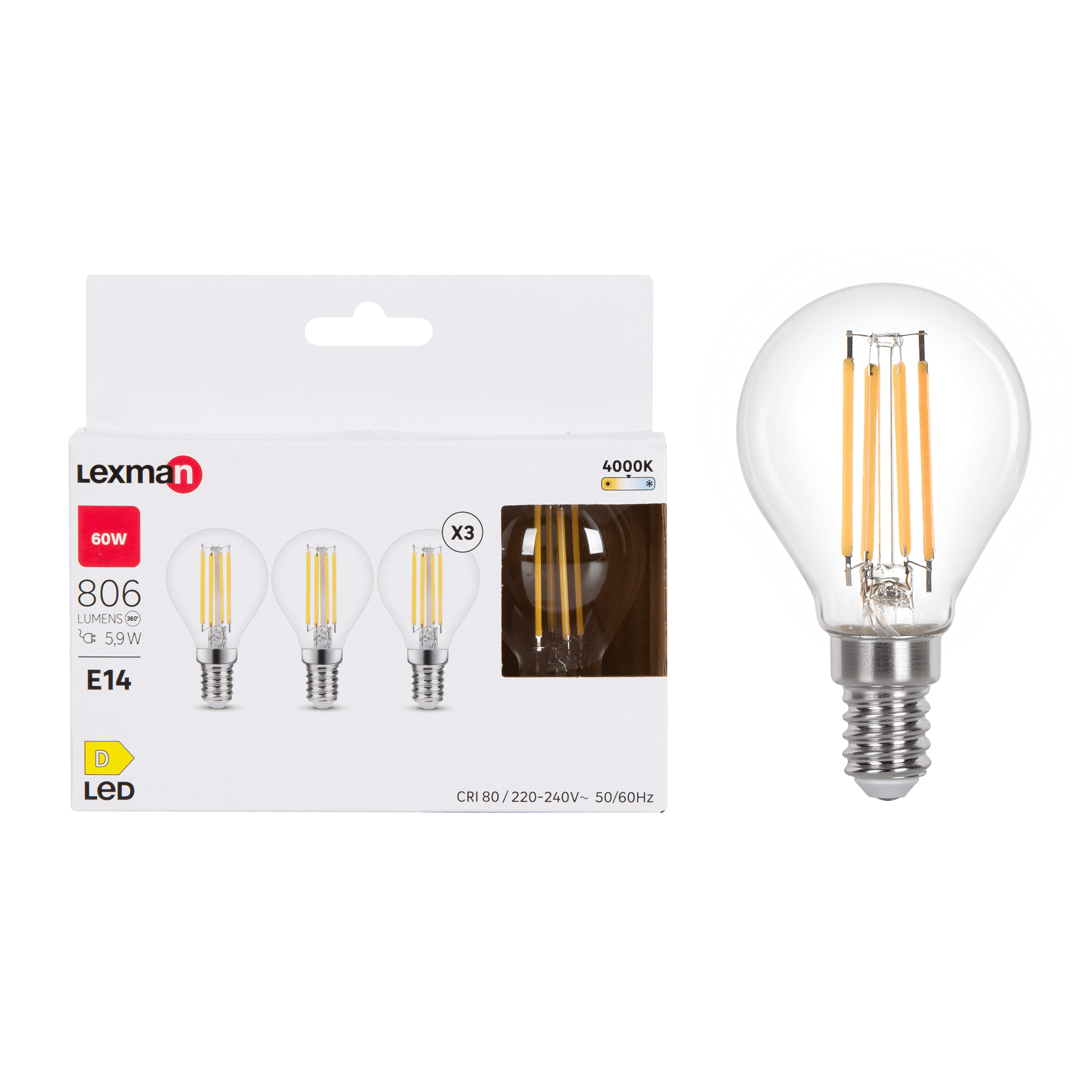 Bricocenter 3 LED BULBS E14=60W SPHERE TRANSPARENT NATURAL LIGHT
