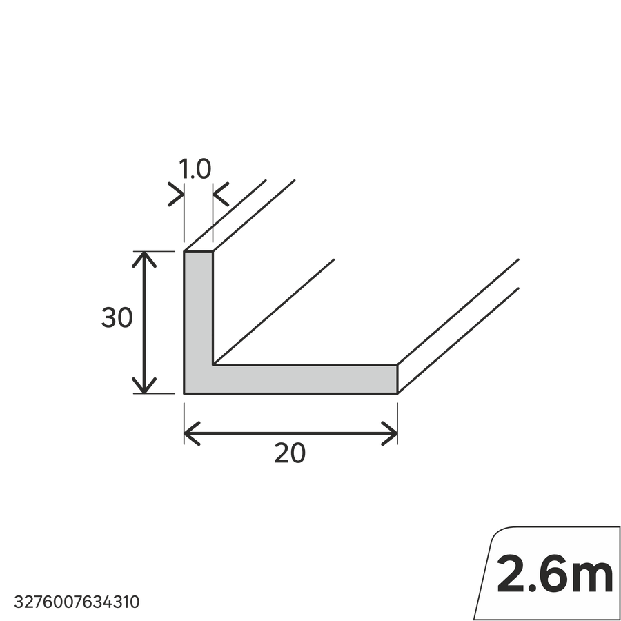 30x20x1mm matt white PVC L-shaped corner profile, 6m
