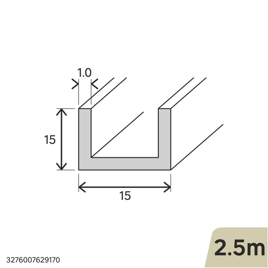 Natural aluminium U-profile, 15x15x1 mm, 2.5 m