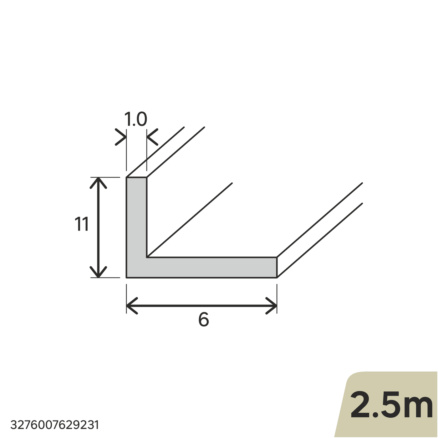 Natural aluminium L-shaped angle profile, 11x6x1mm, 2.5m