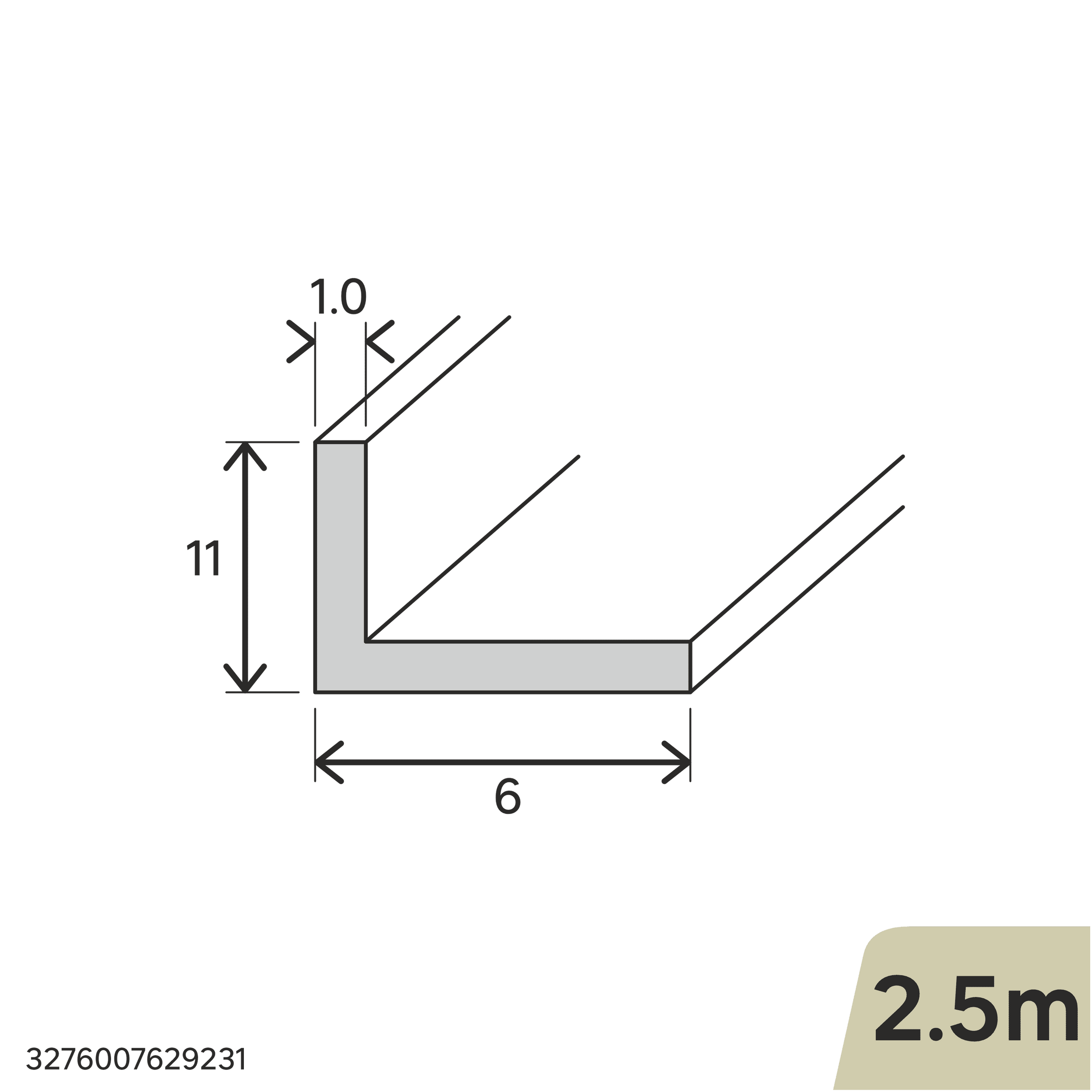 Natural aluminium L-shaped angle profile, 11x6x1mm, 2.5m