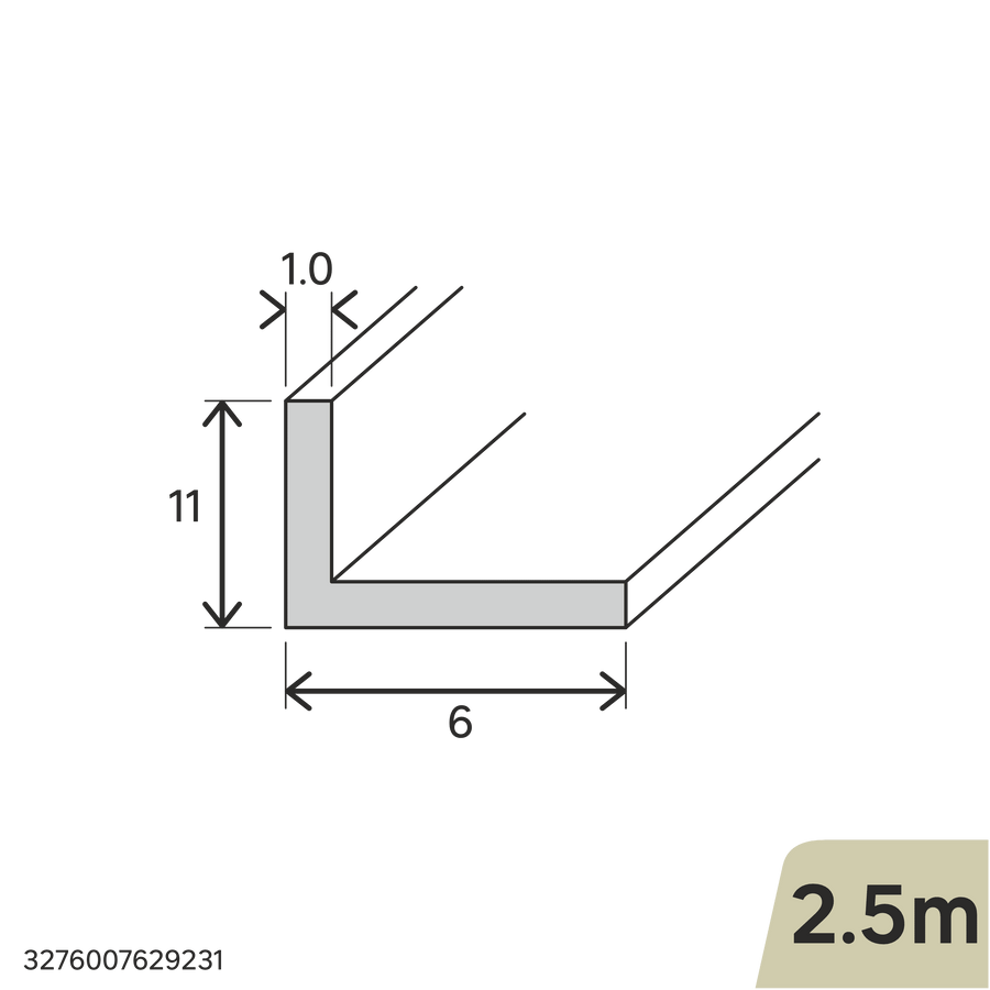 Natural aluminium L-shaped angle profile, 11x6x1mm, 2.5m