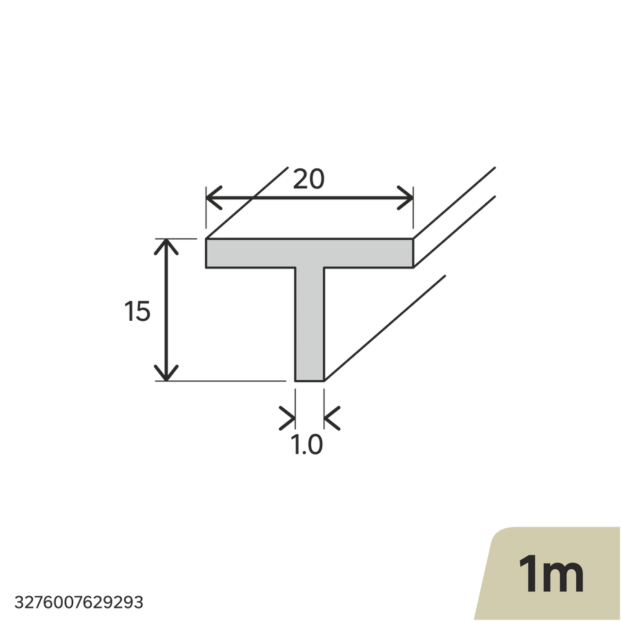 Natural aluminium T-profile, 15x20x1 mm, 1 m