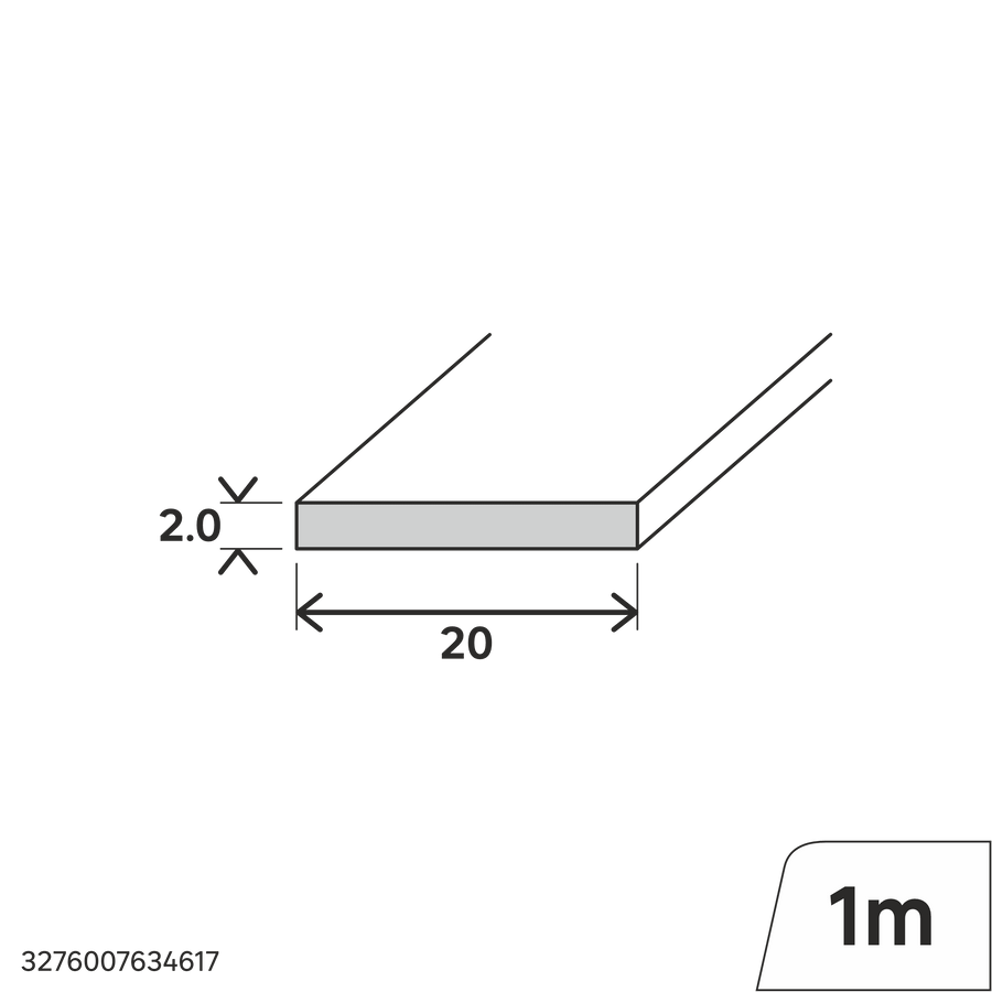 20 x 2 mm flat PVC profile, 1 m, matt white