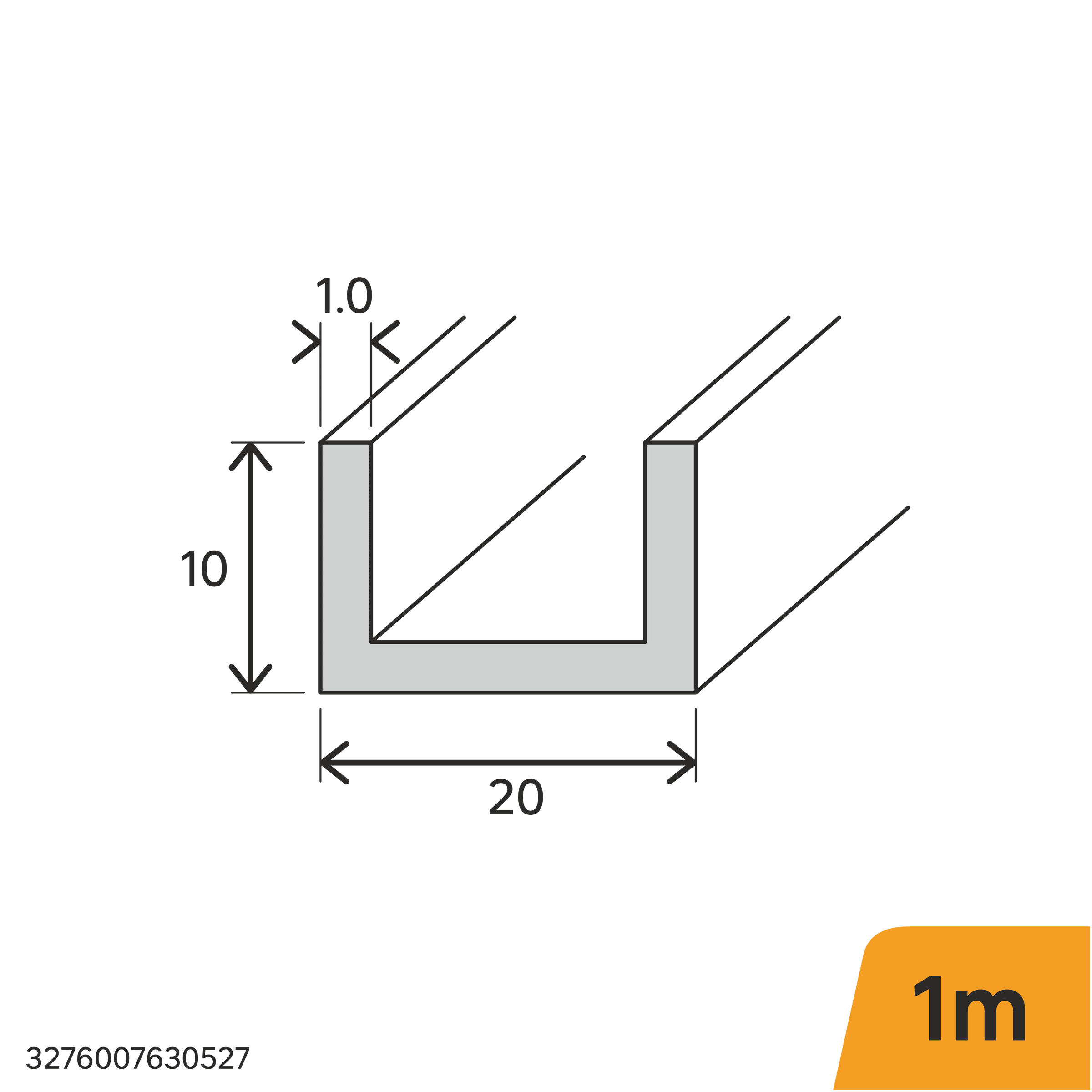 10x20x1mm anodised aluminium U-profile, 1m, brushed nickel