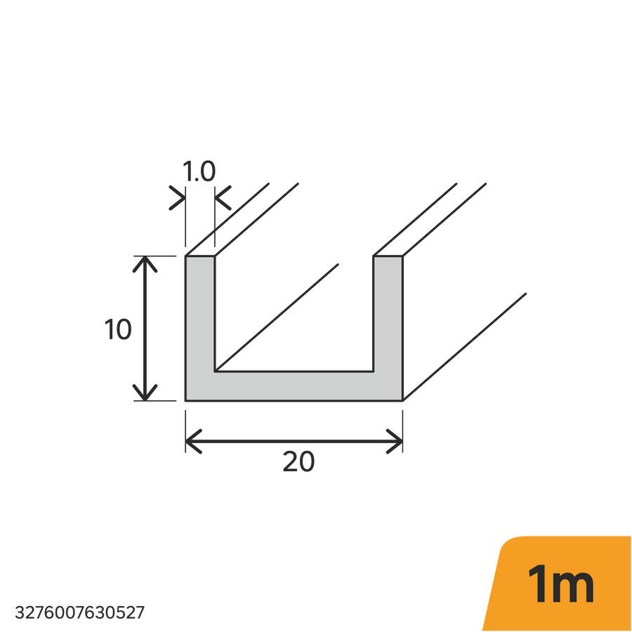 10x20x1mm anodised aluminium U-profile, 1m, brushed nickel