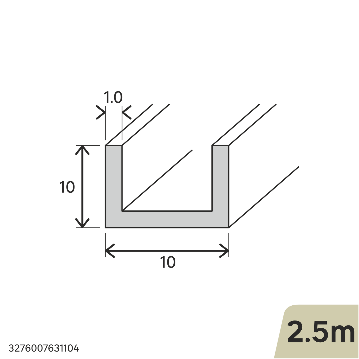 10X15X1MM ANODIZED ALUMINUM U PROFILE 2.5M MATTE