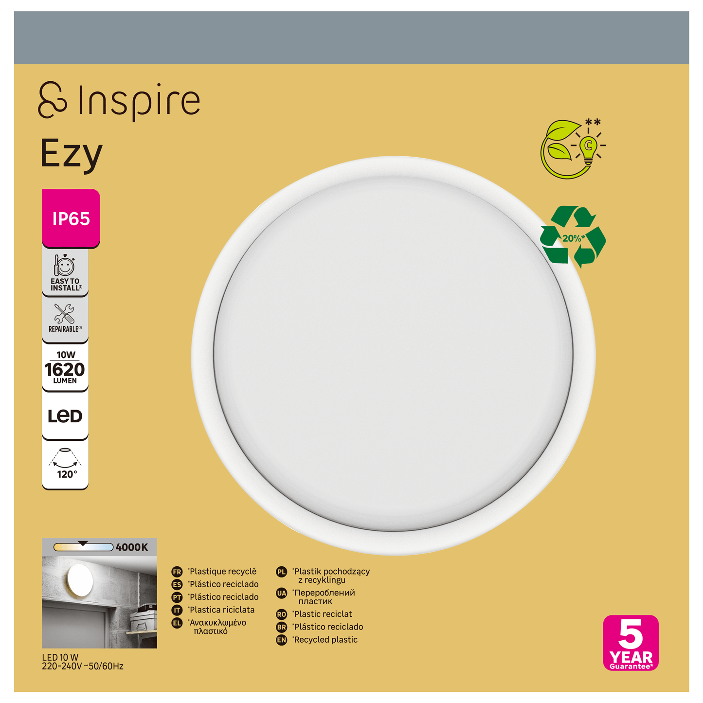 EZY CEILING LIGHT PLASTIC WHITE D24.5 LED 15W NATURAL LIGHT IP65