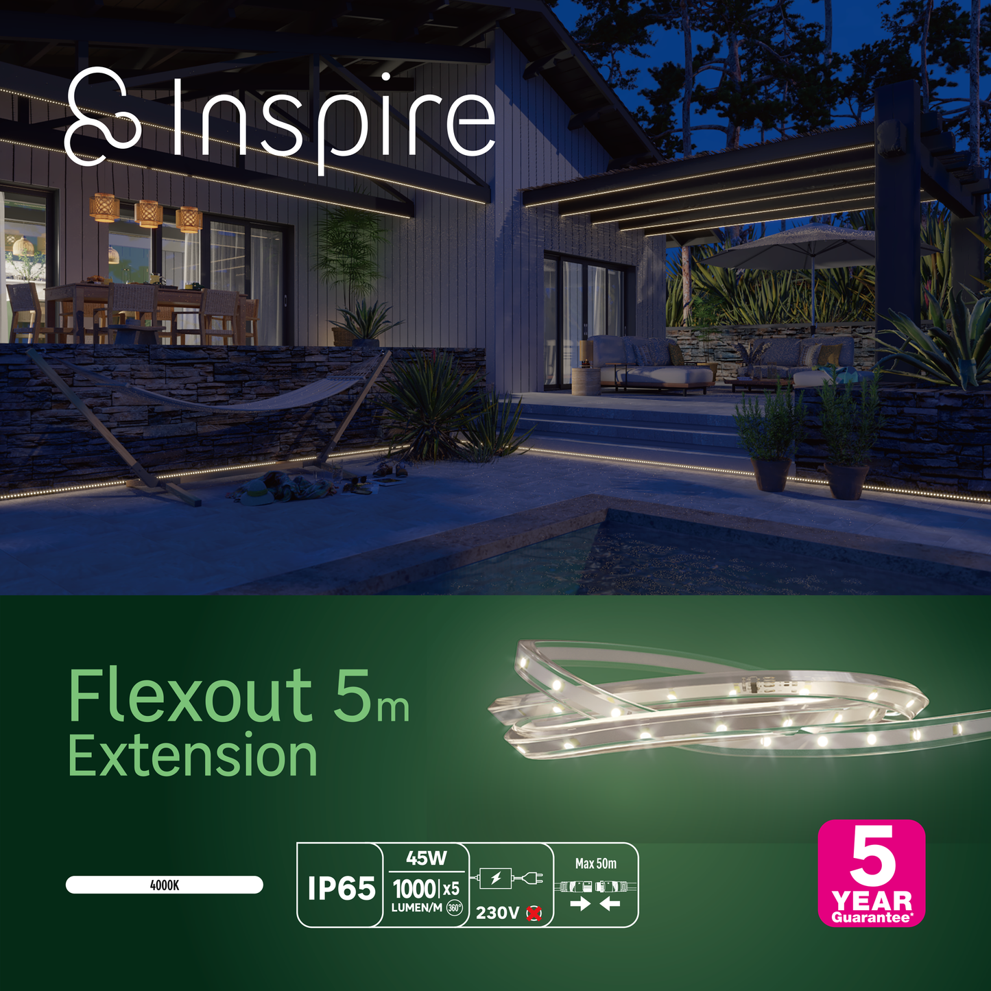 EXTENSION LED STRIP FLEXOUT 5M 46W NATURAL LIGHT IP65