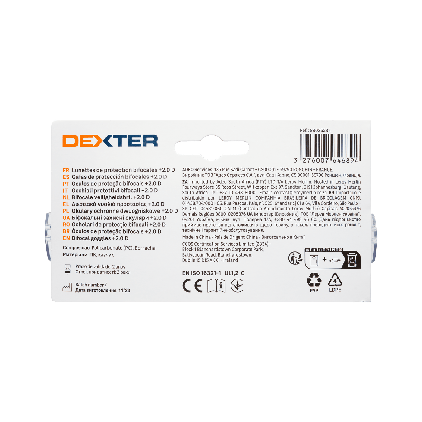 Bricocenter DEXTER SAFETY GLASSES WITH BIFOCAL LENS FOR READING 2 DIOPTER POLYCARBONATE