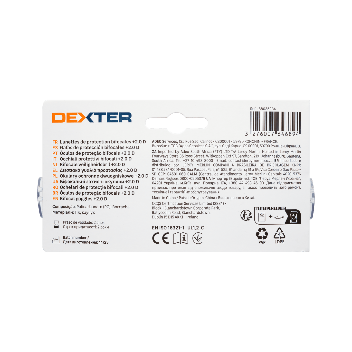 Bricocenter DEXTER SAFETY GLASSES WITH BIFOCAL LENS FOR READING 2 DIOPTER POLYCARBONATE