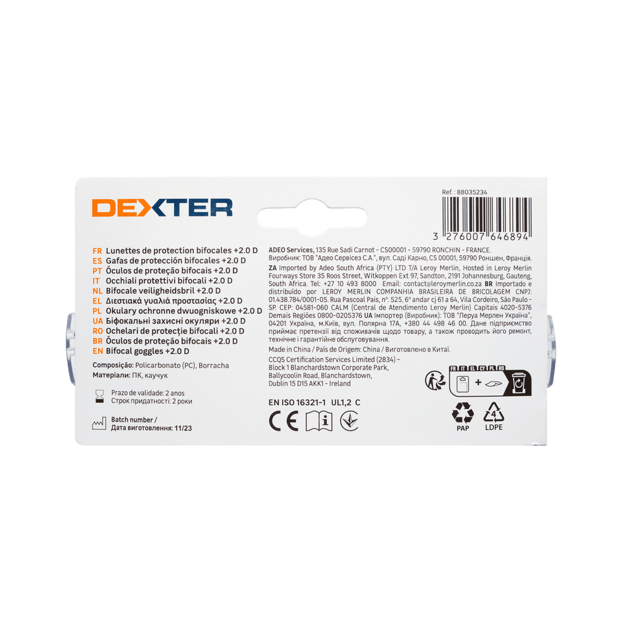 Bricocenter DEXTER SAFETY GLASSES WITH BIFOCAL LENS FOR READING 2 DIOPTER POLYCARBONATE