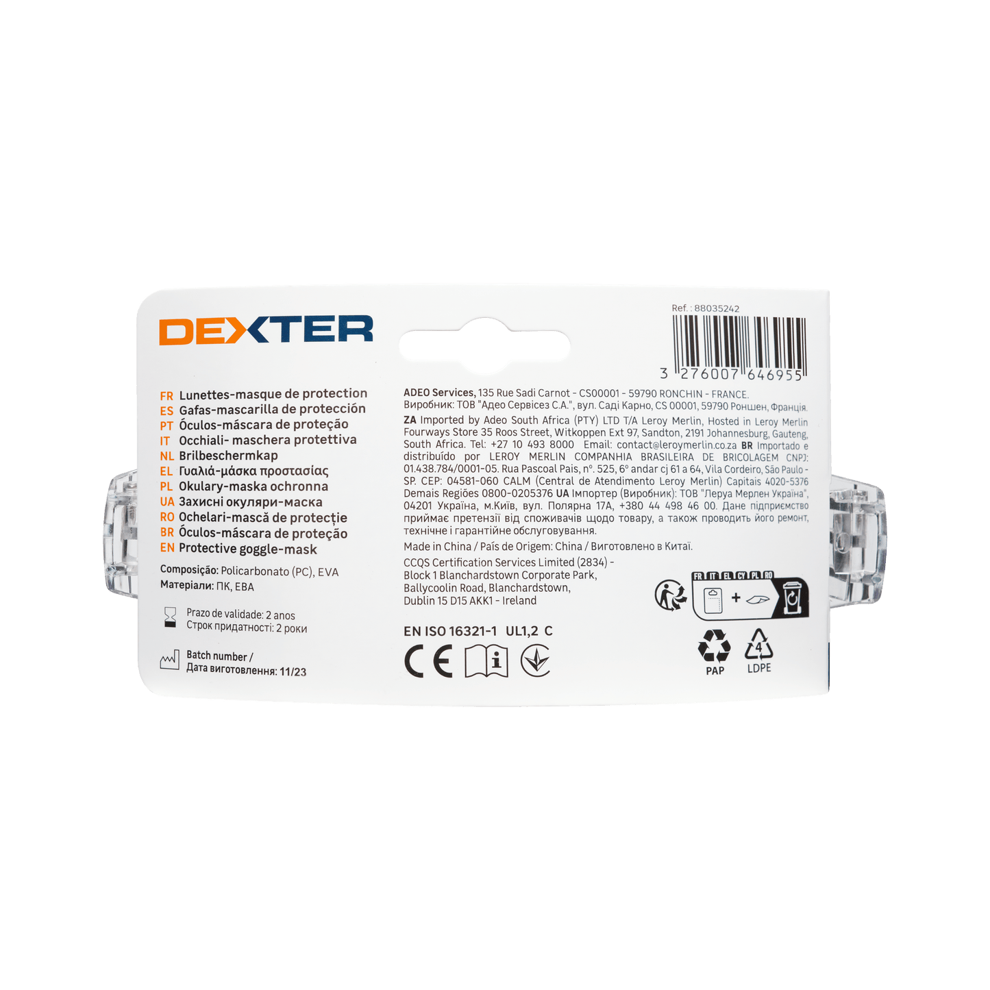 Bricocenter DEXTER GOGGLES WITH FOAM GASKET POLYCARBONATE ELASTIC STRAP