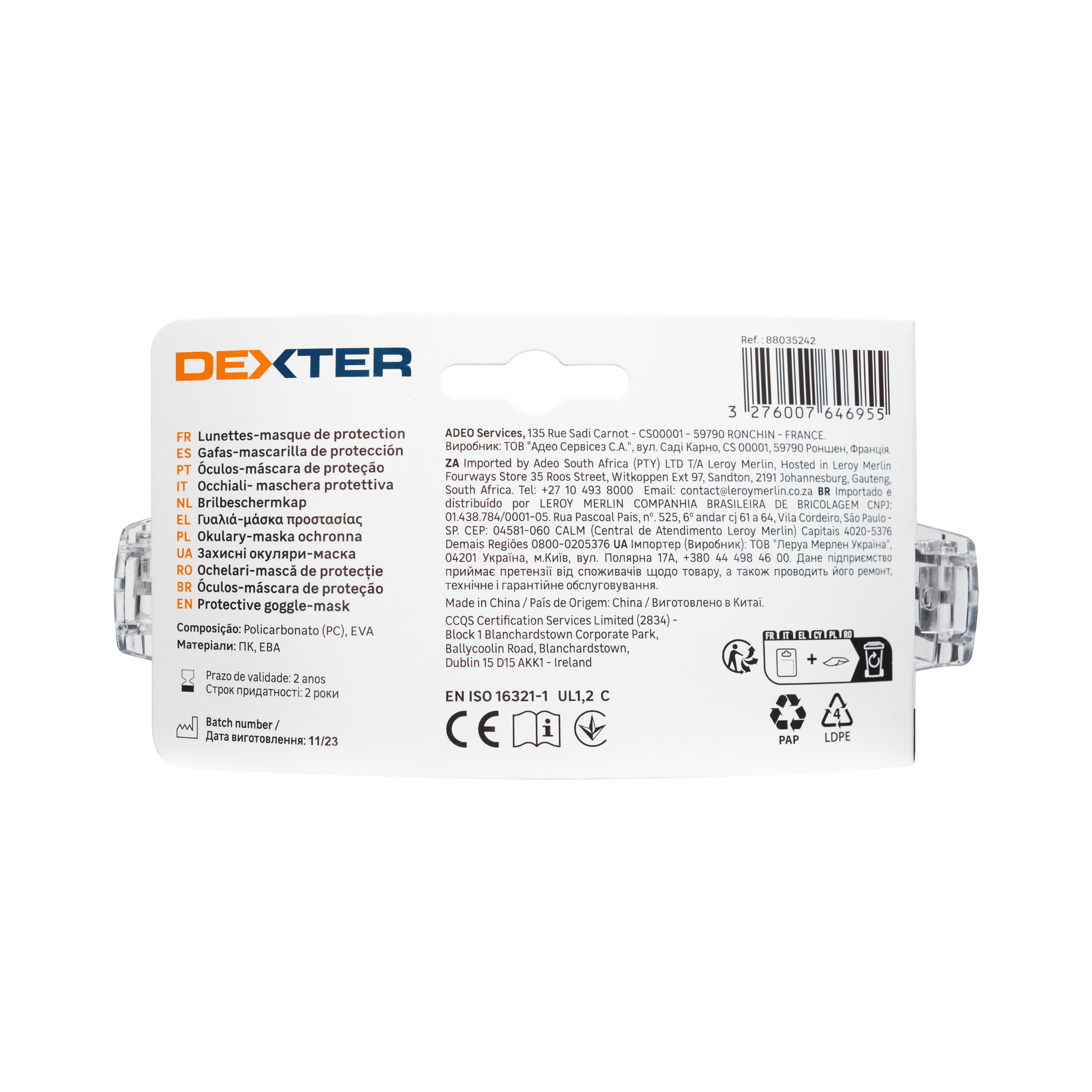 Bricocenter DEXTER GOGGLES WITH FOAM GASKET POLYCARBONATE ELASTIC STRAP