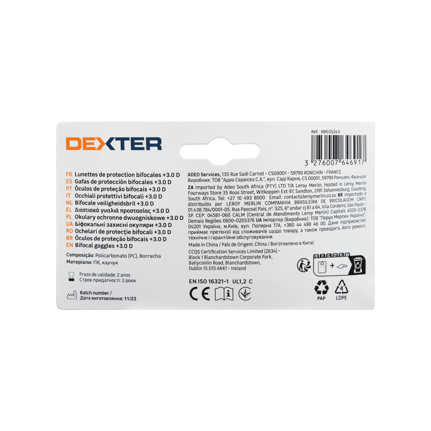 Bricocenter DEXTER SAFETY GLASSES WITH BIFOCAL LENS FOR READING 3 DIOPTER POLYCARBONATE