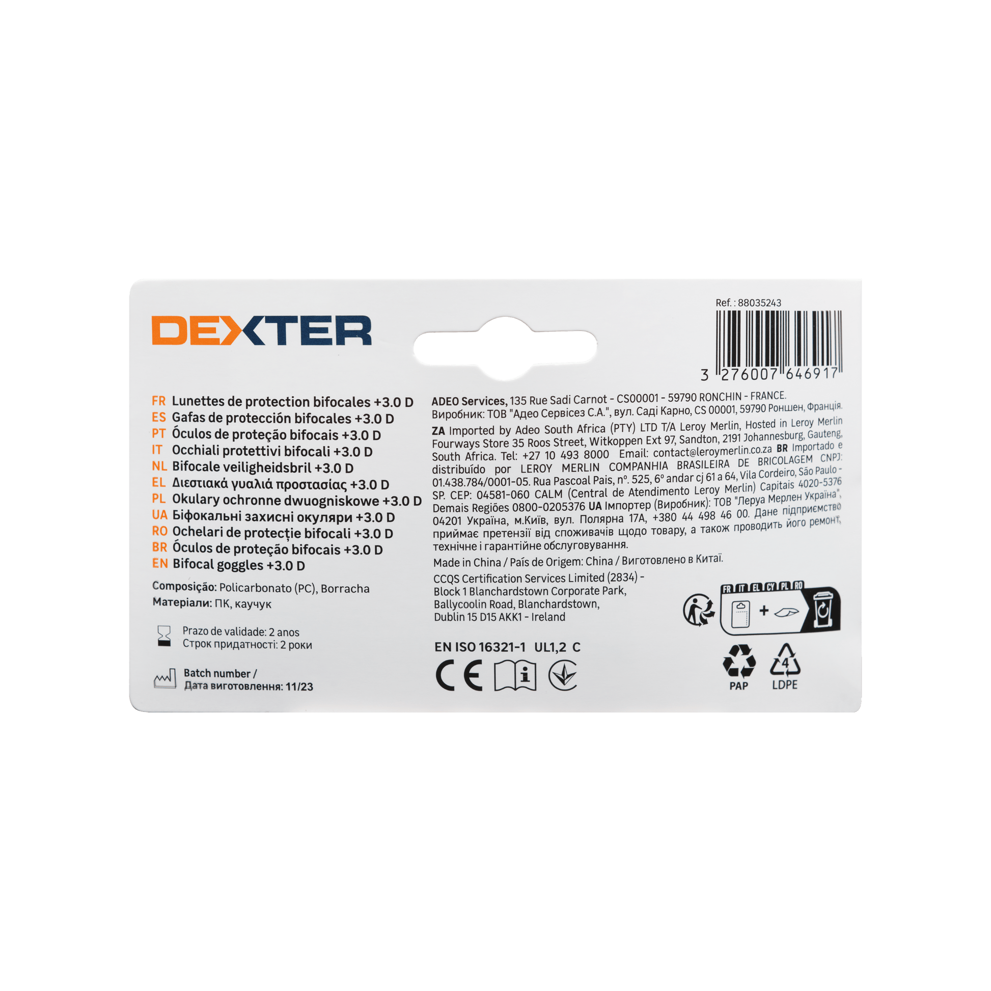 Bricocenter DEXTER SAFETY GLASSES WITH BIFOCAL LENS FOR READING 3 DIOPTER POLYCARBONATE