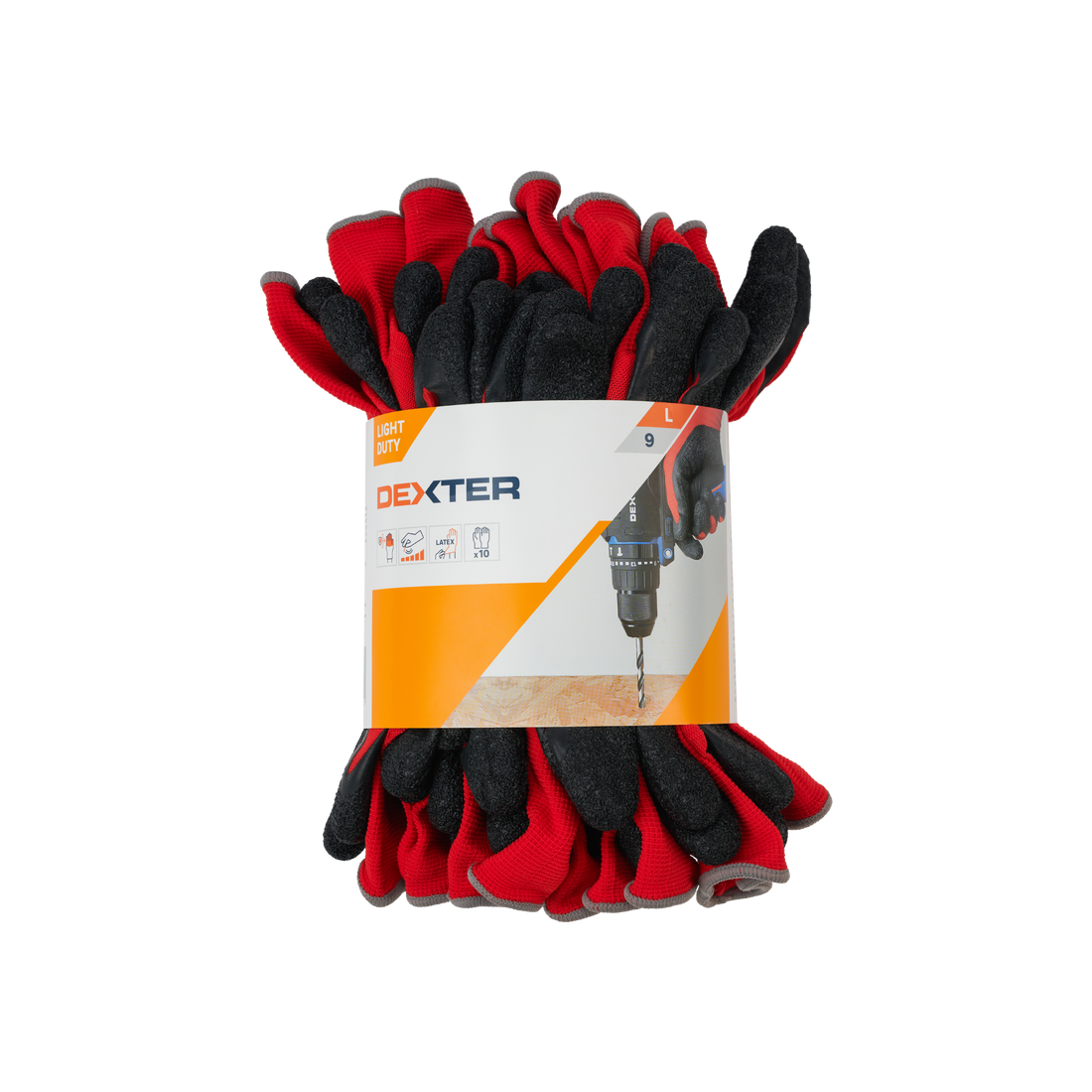 DEXTER UNIVERSAL WORK GLOVES NYLON AND LATEX COATED PALM SIZE 9L 10 PAIRS