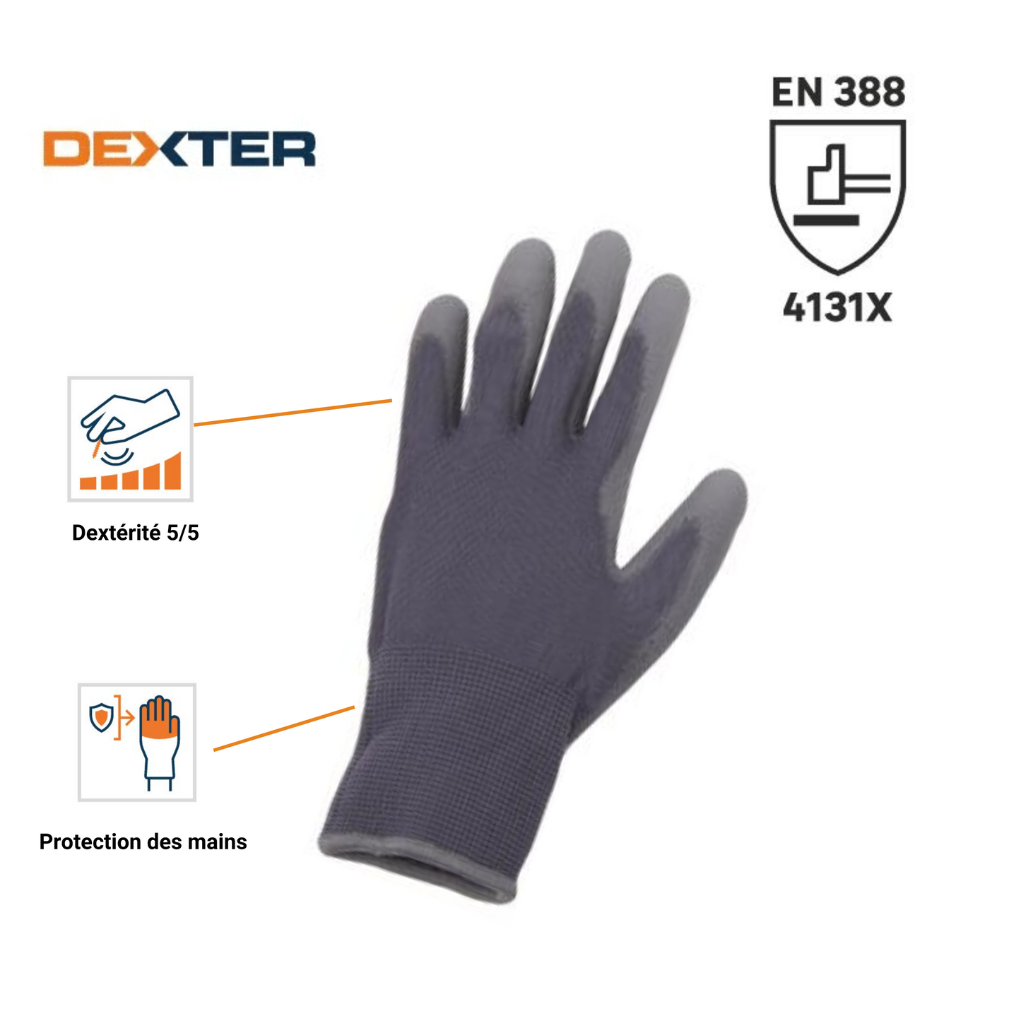 DEXTER GLOVES 5 PAIRS PRECISION SIZE 9L NYLON POLYURETHANE PALM