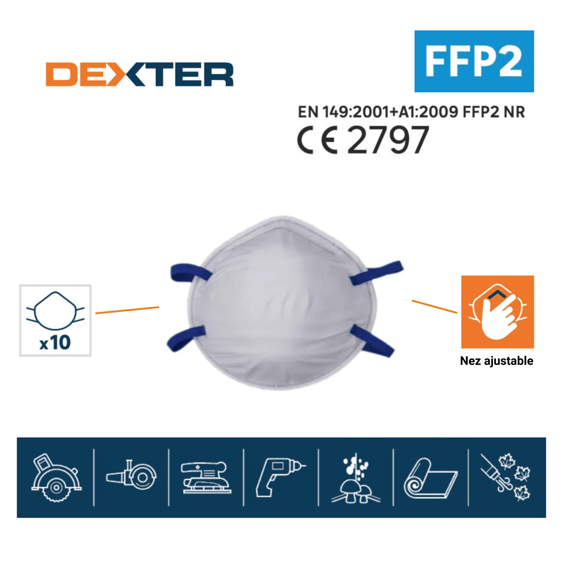 Bricocenter 10 DEXTER FFP2 VALVE-FREE DISPOSABLE CUP MASKS