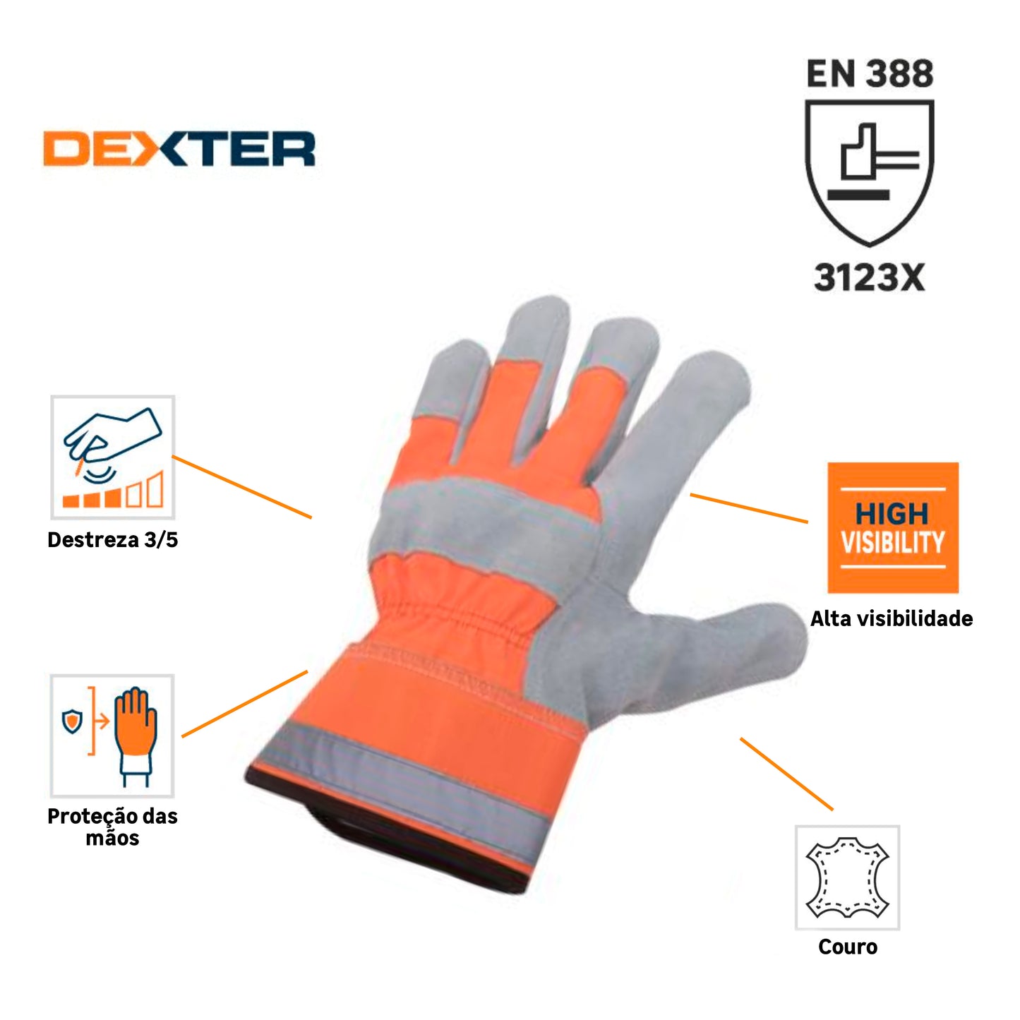 DEXTER HIGH VISIBILITY CONSTRUCTION GLOVES SIZE 10XL POLYESTER AND COTTON