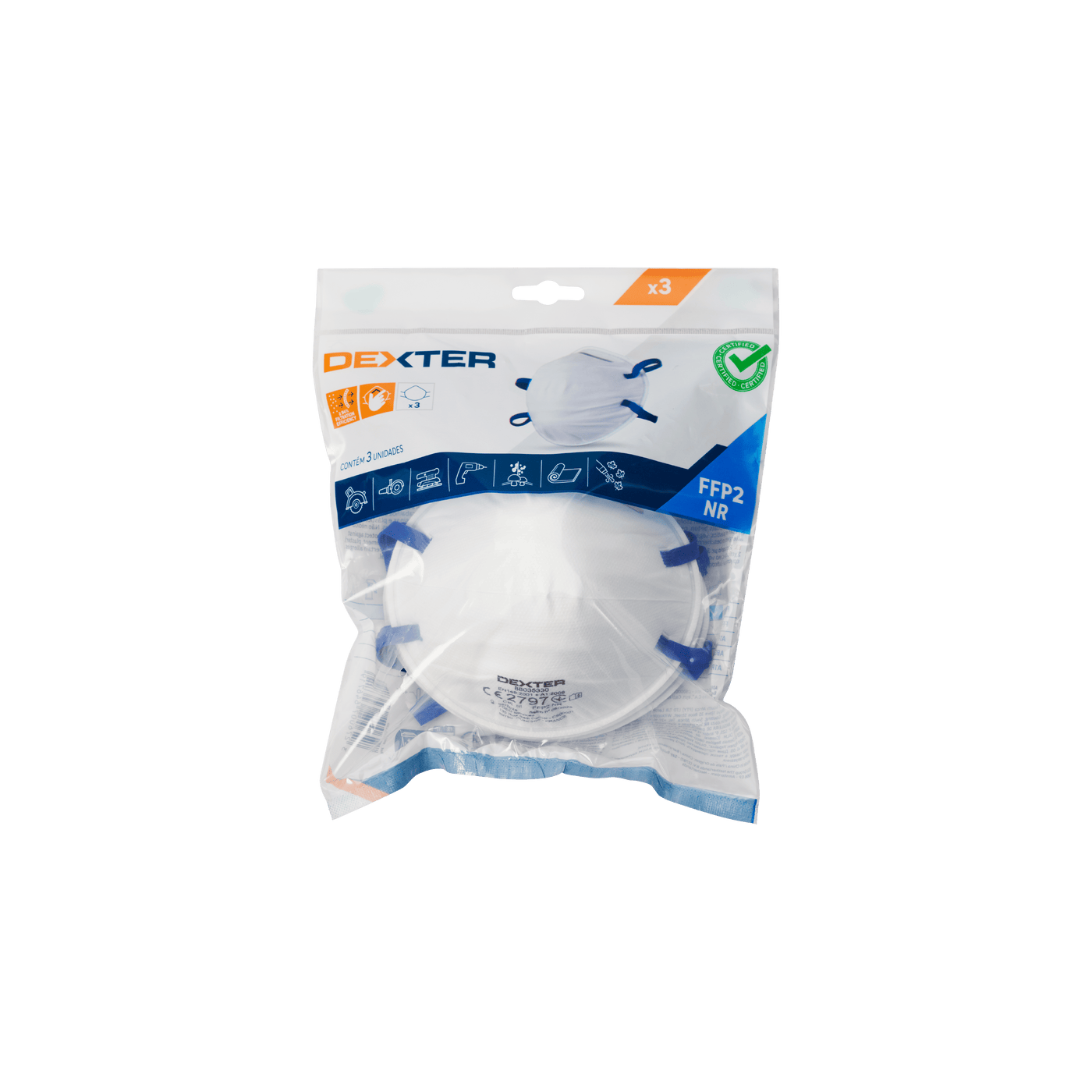 3 DEXTER FFP2 VALVE-FREE DISPOSABLE MASKS