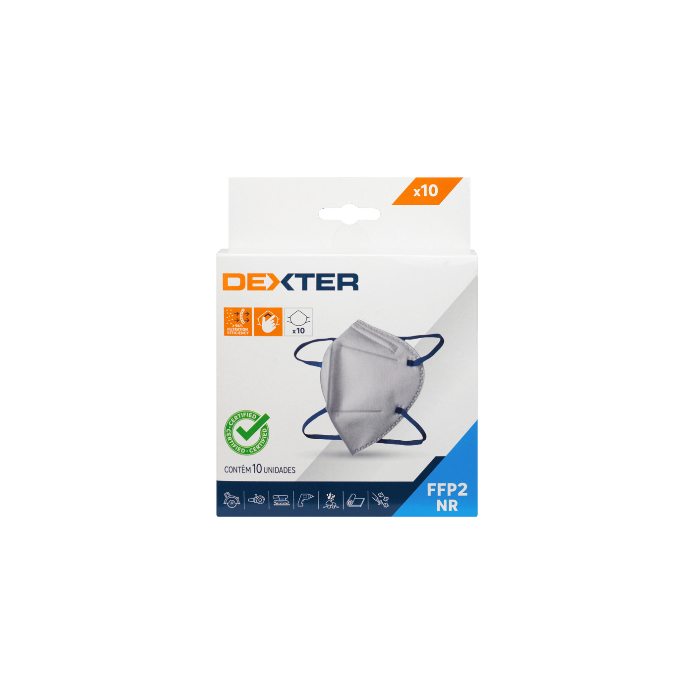 10 DEXTER FFP2 WHITE FOLDABLE VALVE-FREE DISPOSABLE MASKS