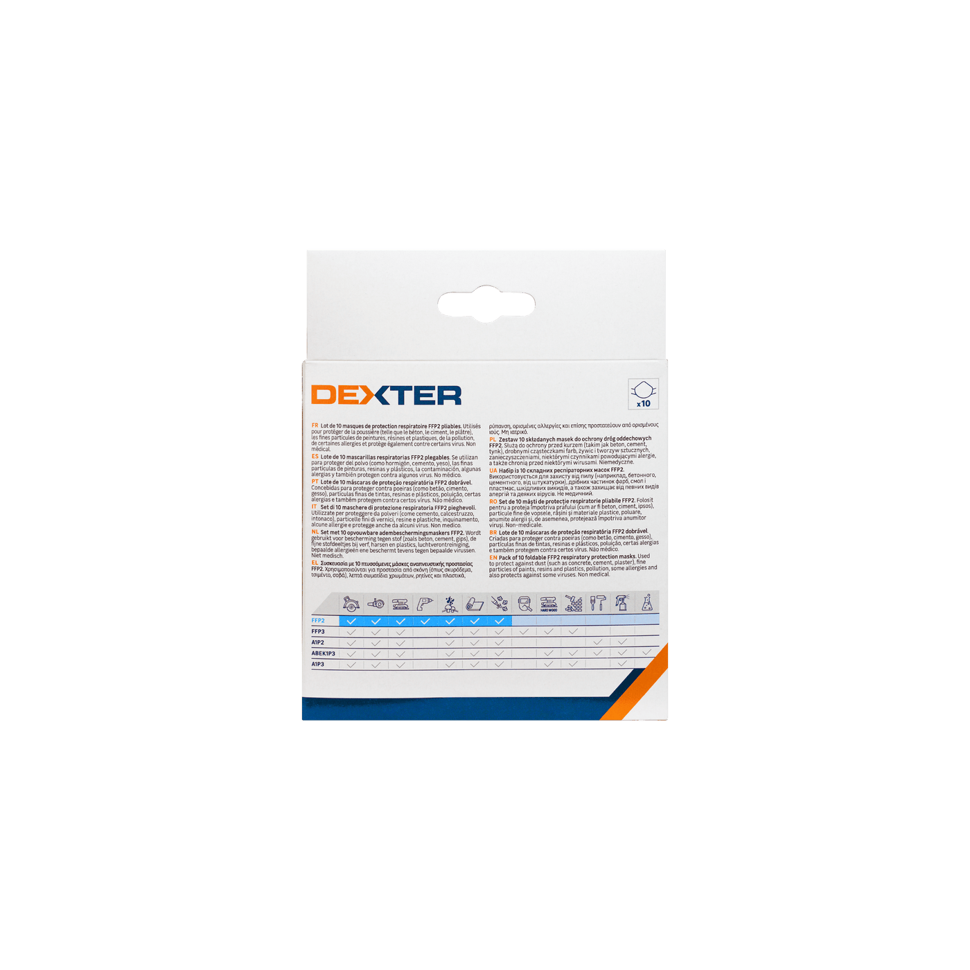 10 DEXTER FFP2 WHITE FOLDABLE VALVE-FREE DISPOSABLE MASKS