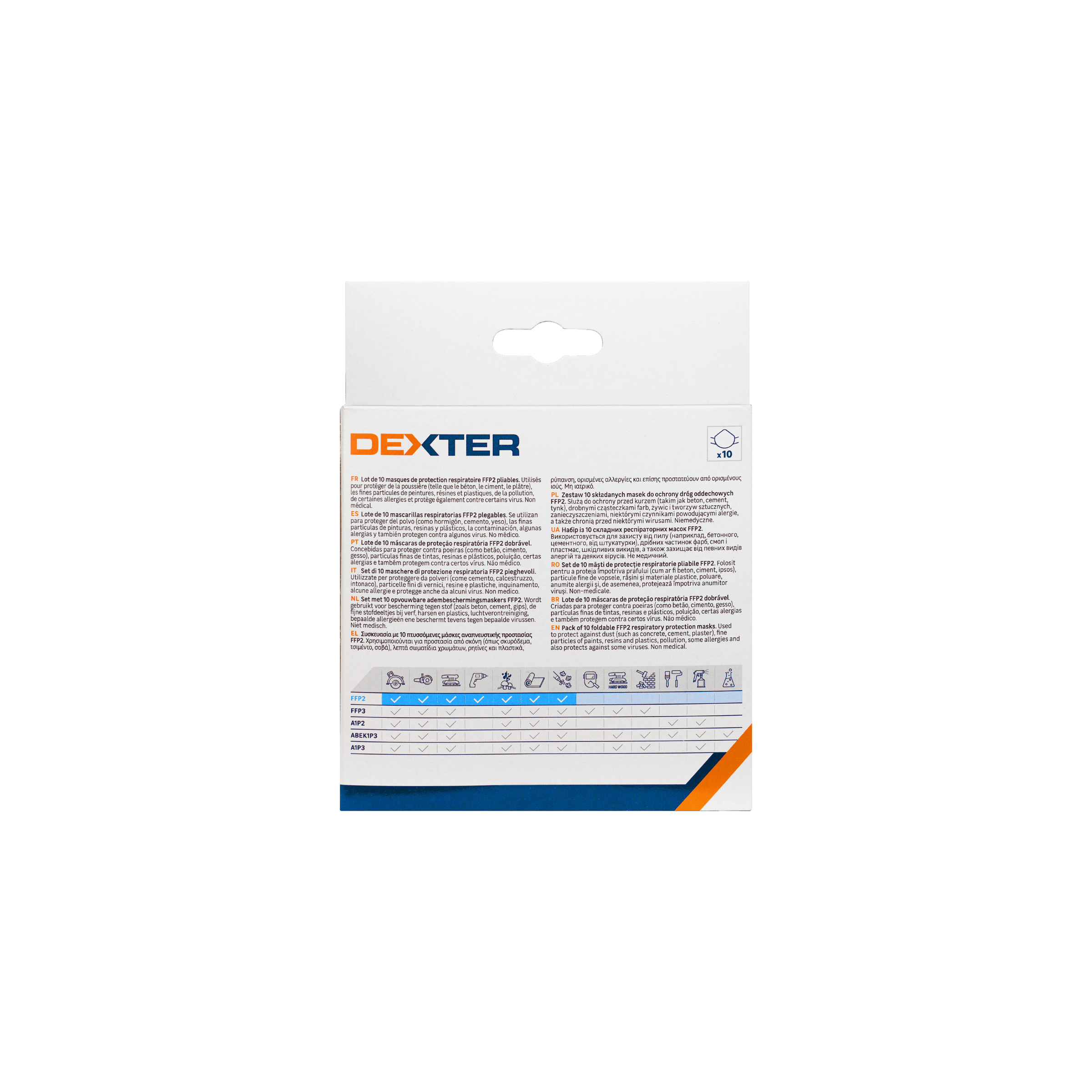 10 DEXTER FFP2 WHITE FOLDABLE VALVE-FREE DISPOSABLE MASKS