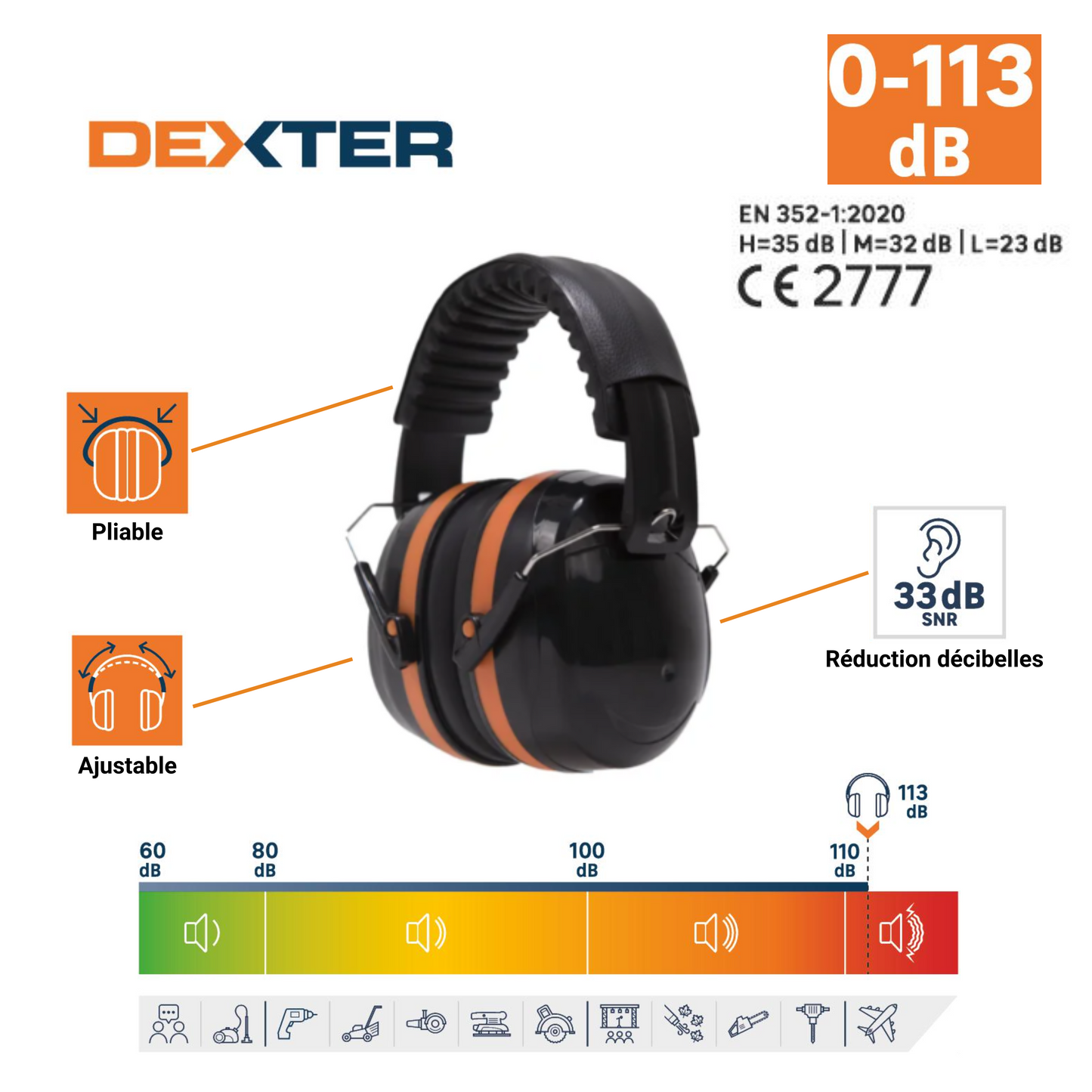 DEXTER ADJUSTABLE 33DB NOISE CANCELLING HEADPHONES WITH ABS ADJUSTMENT SYSTEM SOFT EAR PADS