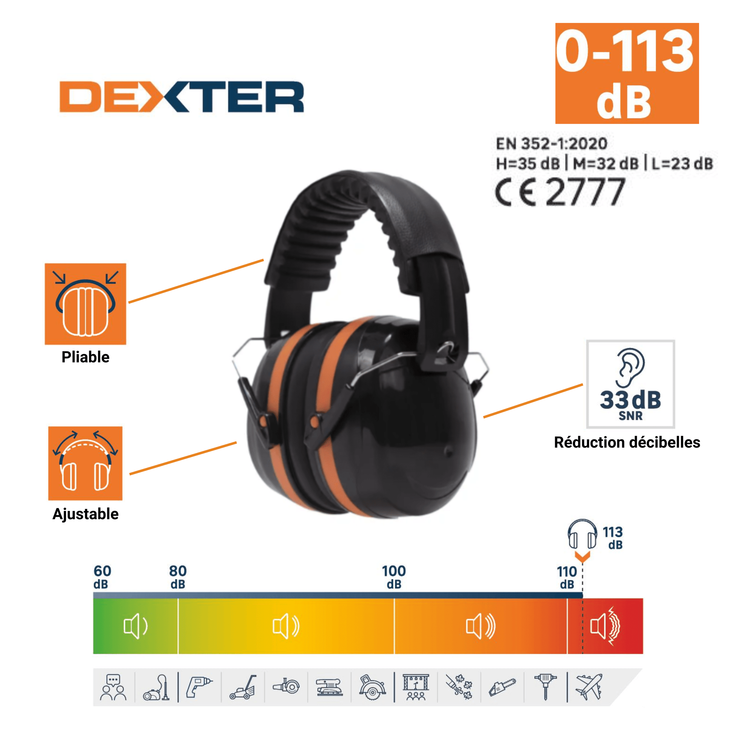 Bricocenter DEXTER ADJUSTABLE 33DB NOISE CANCELLING HEADPHONES WITH ABS ADJUSTMENT SYSTEM SOFT EAR PADS