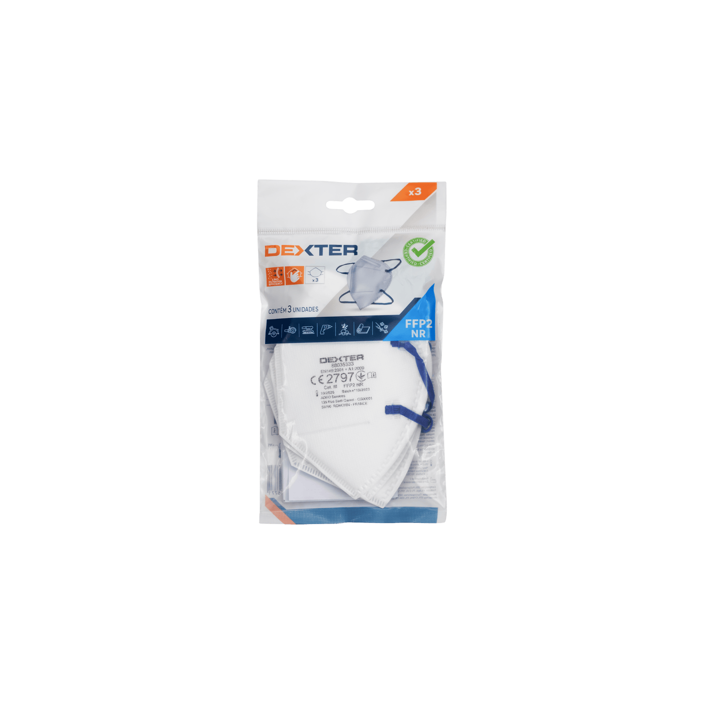 3 DEXTER FFP2 WHITE FOLDABLE VALVE-FREE DISPOSABLE MASKS