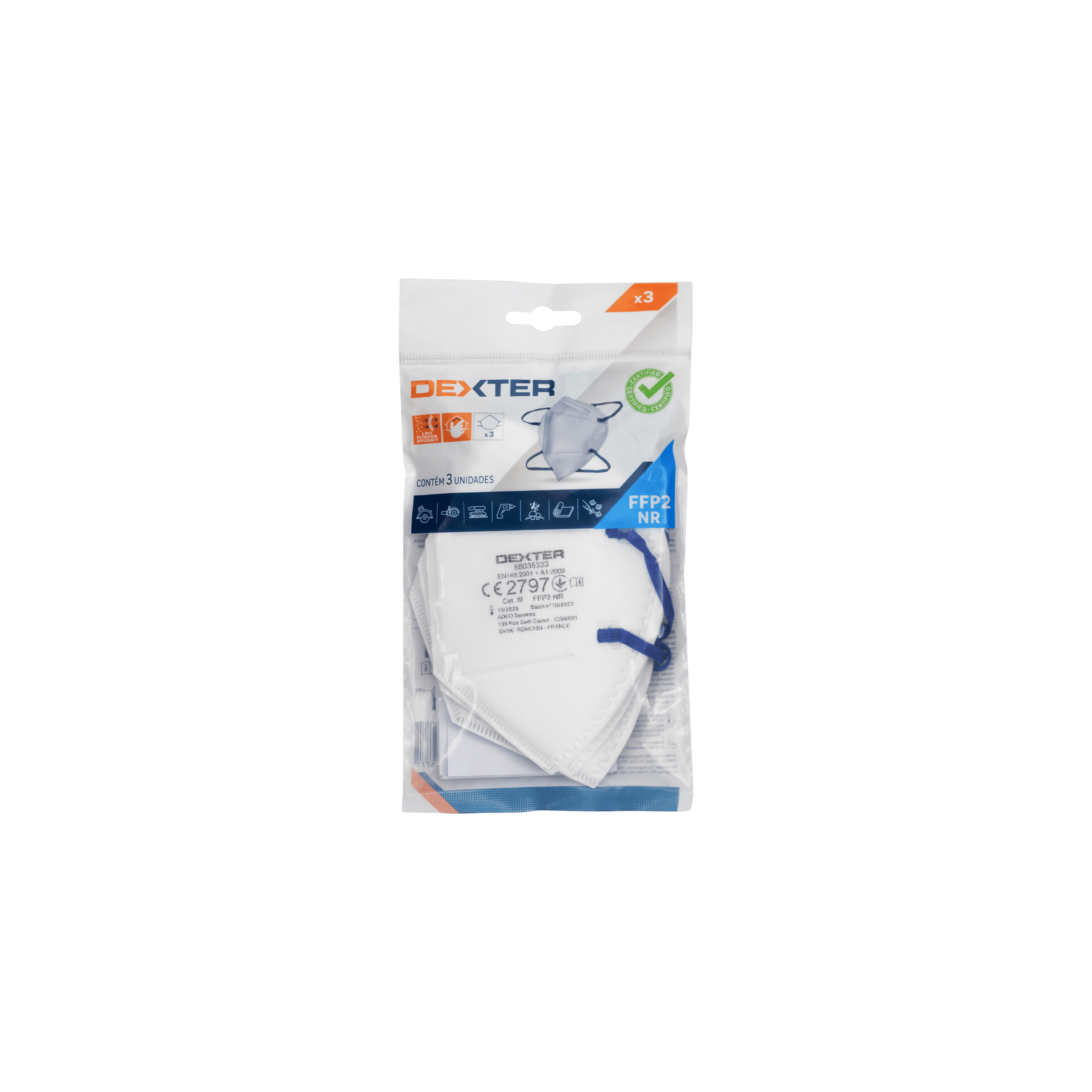 3 DEXTER FFP2 WHITE FOLDABLE VALVE-FREE DISPOSABLE MASKS