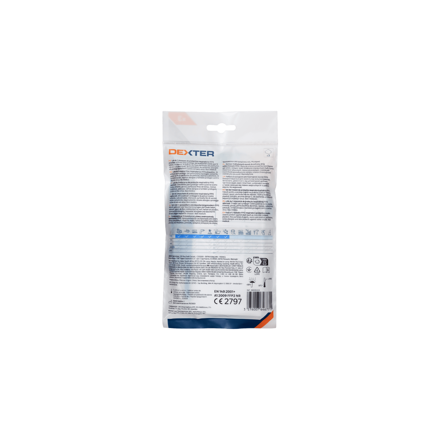 3 DEXTER FFP2 WHITE FOLDABLE VALVE-FREE DISPOSABLE MASKS