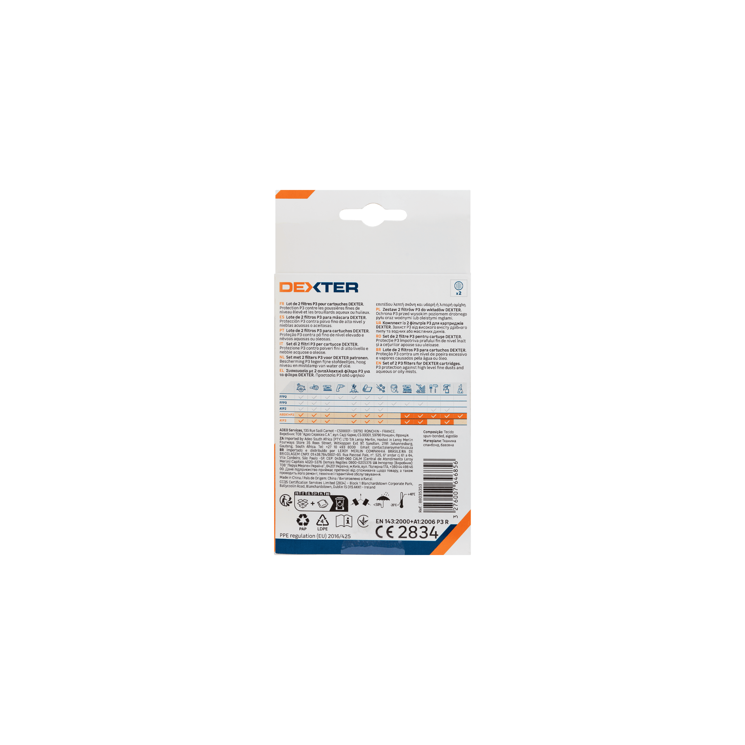DEXTER P3 R FILTERS FOR MASK CARTRIDGE 2PCS