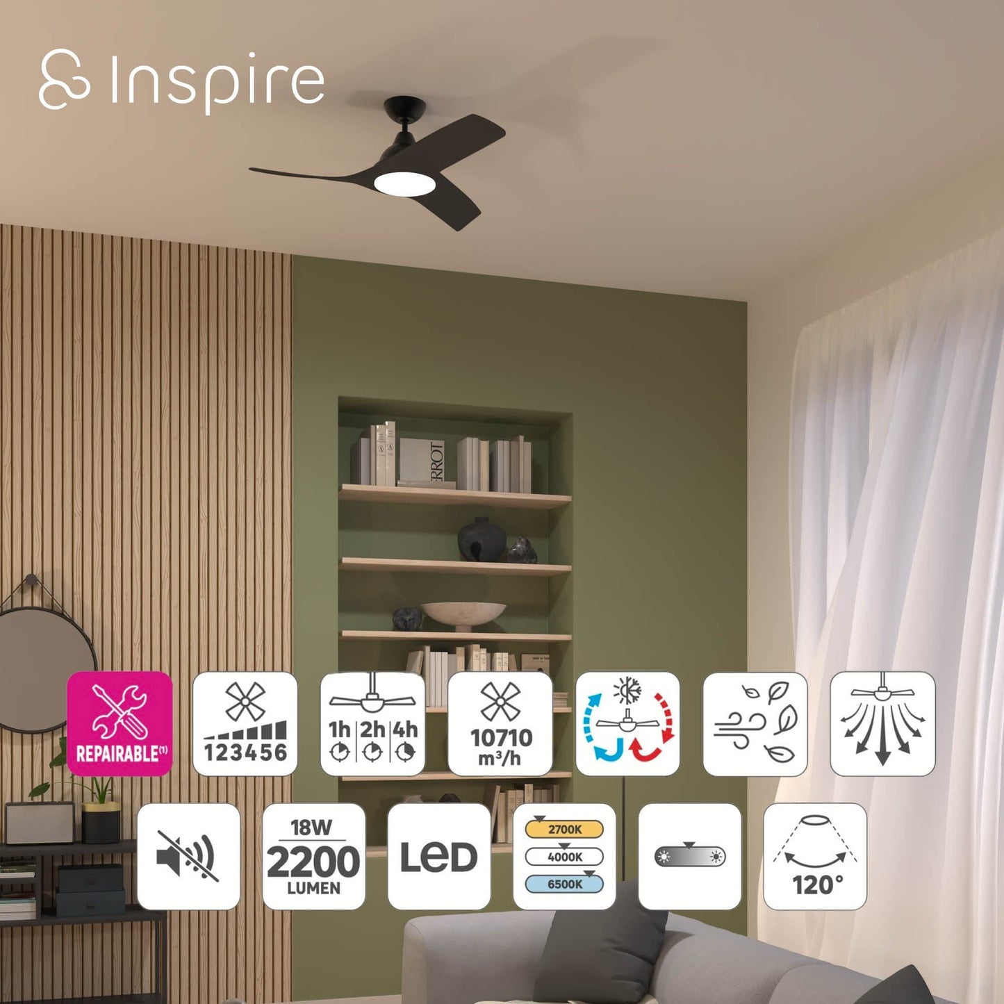 Bricocenter VENTILATORE DA SOFFITTO ARUBA PLUS PLASTICA NERO D112 CM LED 18W CCT DIMMERABILE 3 PALE
