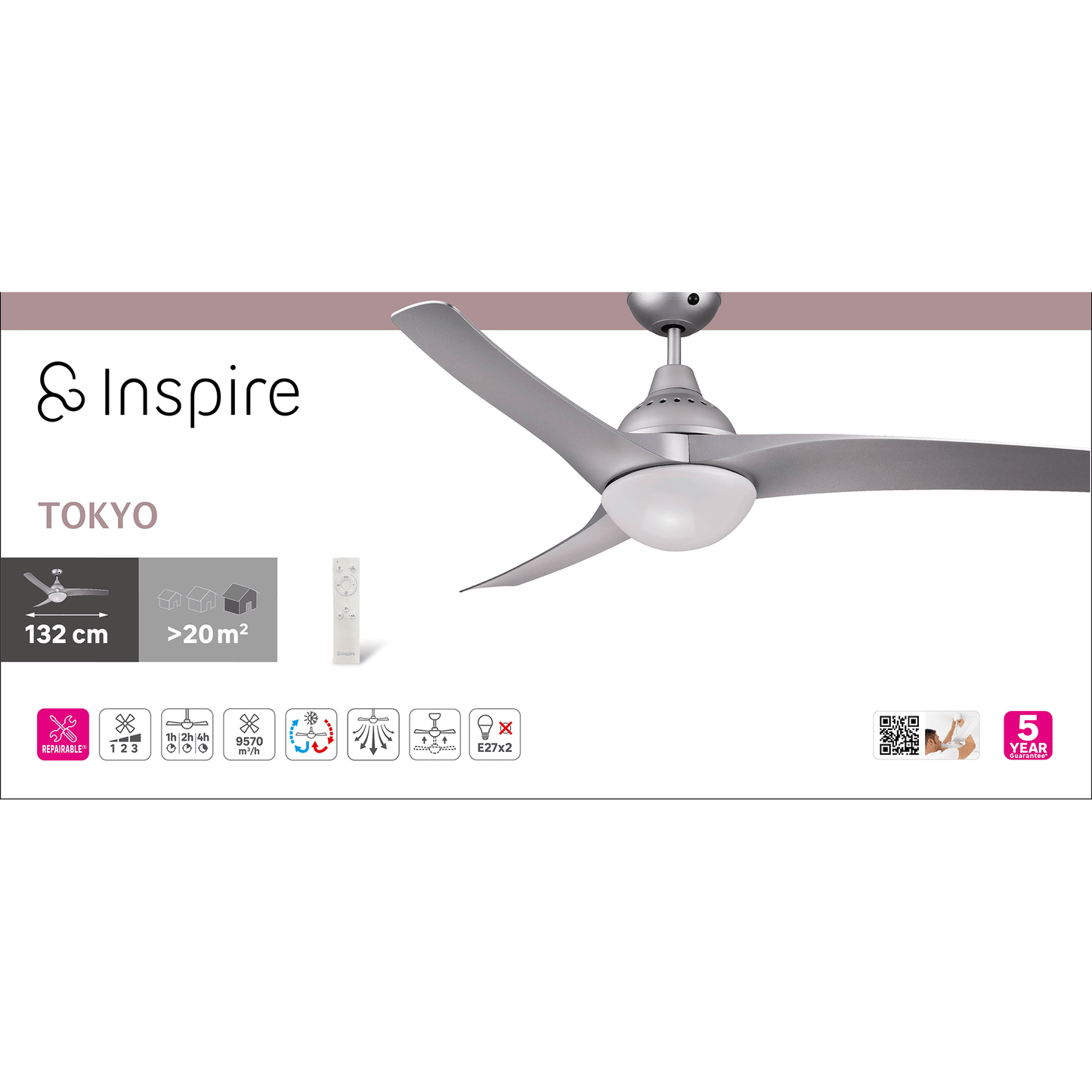 Bricocenter VENTILATORE DA SOFFITO TOKYO PLASTICA SILVER D132 2XE27=46W 3 PALE