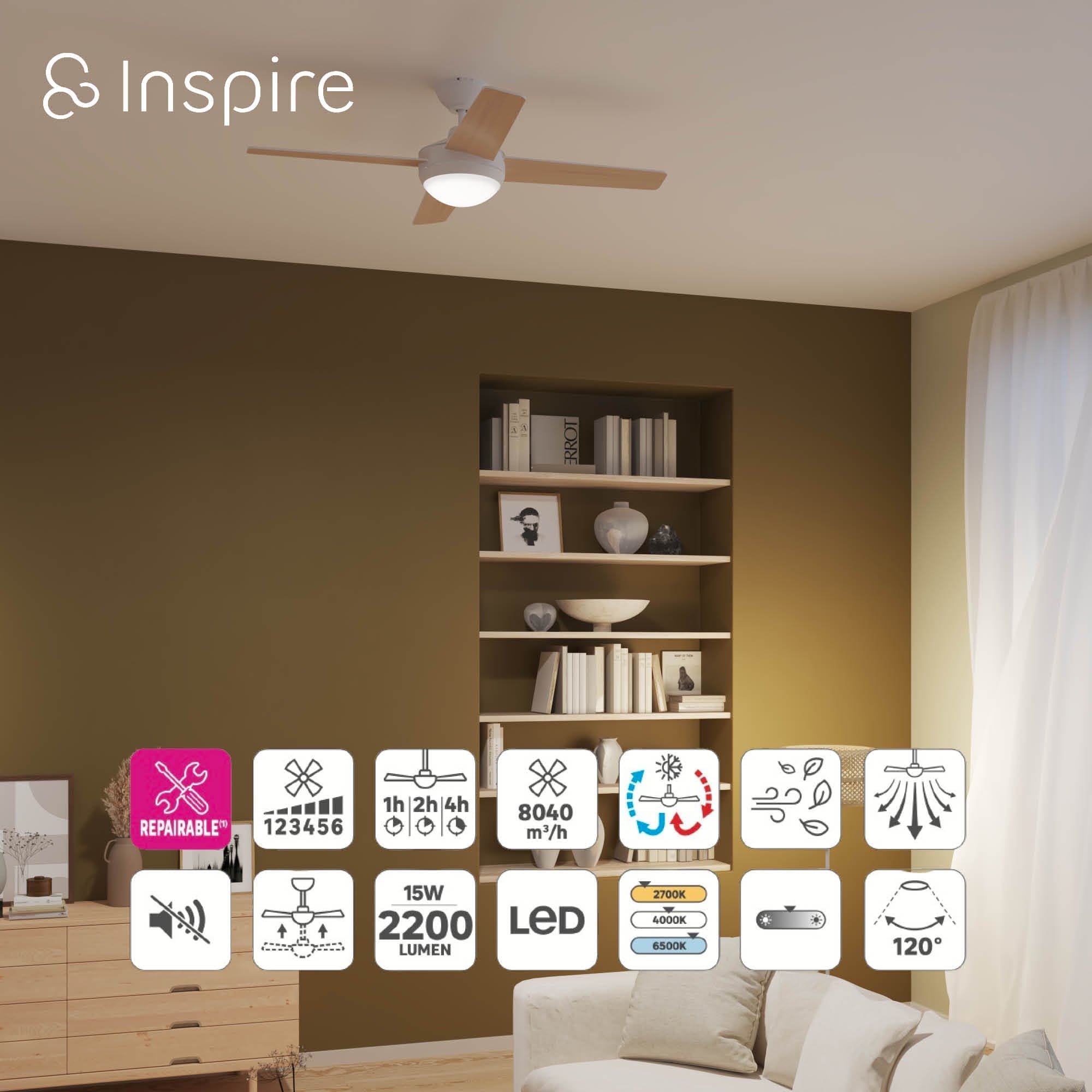 Bricocenter AVEIRO CEILING FAN PLASTIC PLASTIC LIGHT WOOD AND WHITE D112 CM LED 15W 4 BLADES